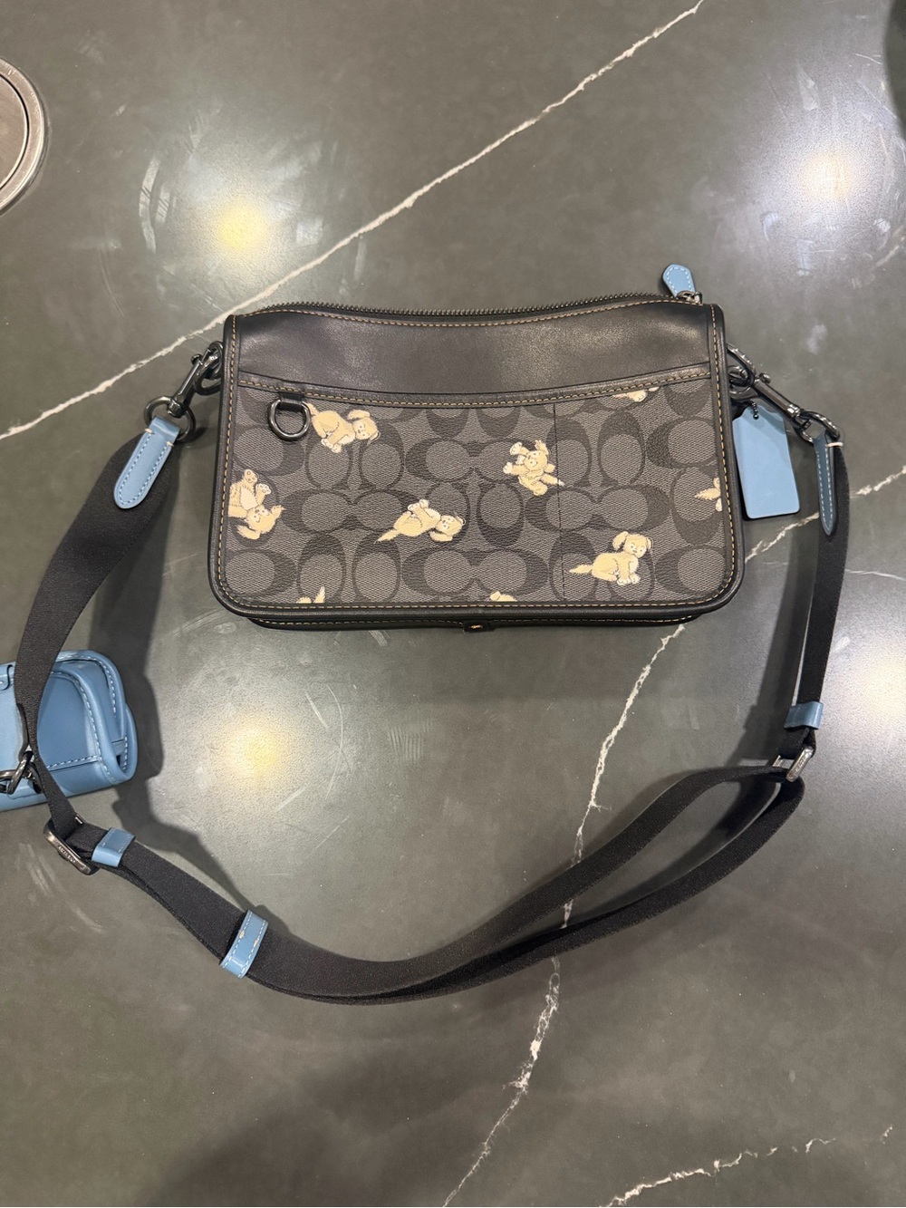 Coach Black Signature Canvas Crossbody with Light Blue Accents